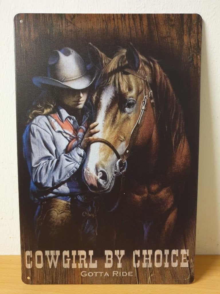 Cowgirl by choice paard reclamebord van metaal wandbord deco, Info@deconoord.nl, Deco Noord, Nieuw, Ophalen of Verzenden