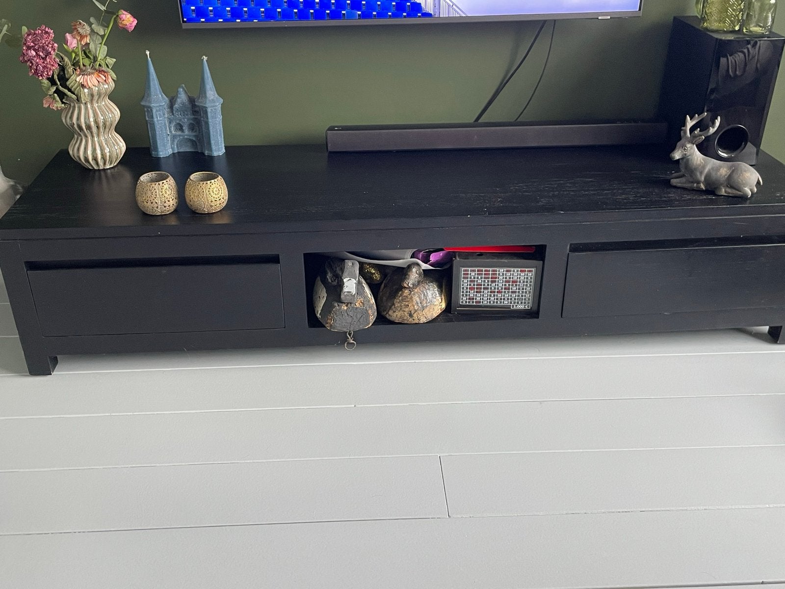Teakhouten TV-meubel (gespoten) met 2 lades, Ophalen, Gebruikt, 150 tot 200 cm, Teakhout