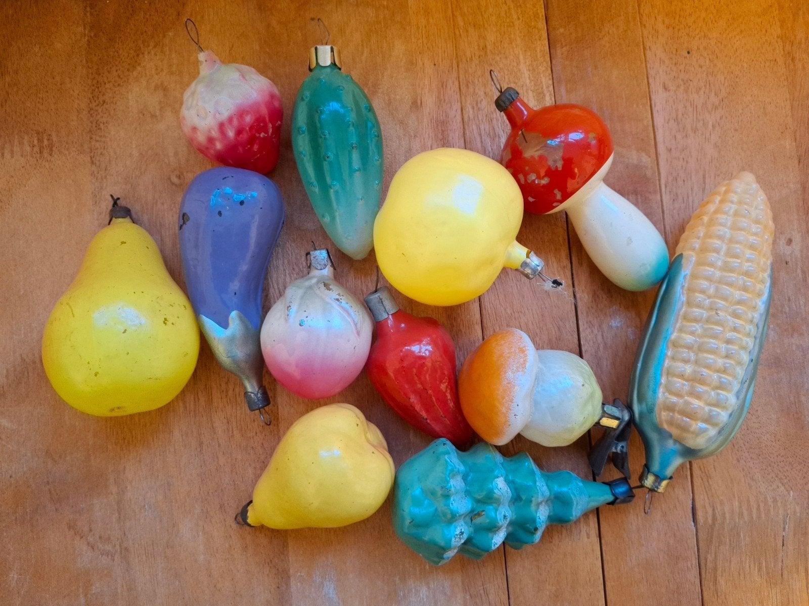 Set van 12 vintage oude glazen kerstballen paddestoelen, Diversen, Ophalen of Verzenden
