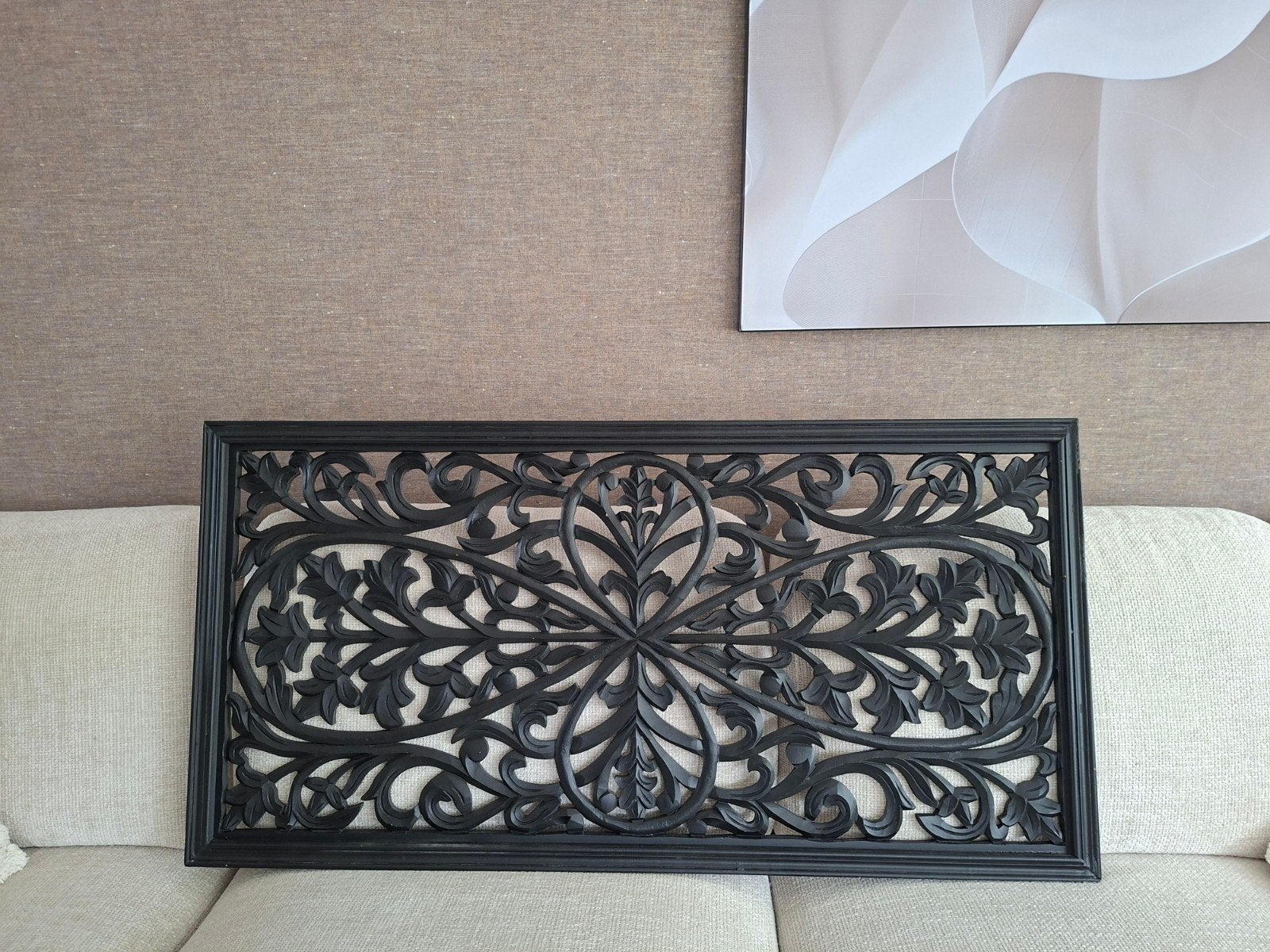 Decoratief Wandpaneel Zwart Houtsnijwerk, Huis en Inrichting, Ophalen, 60 cm, Zo goed als nieuw, Wandbord of Wandpaneel