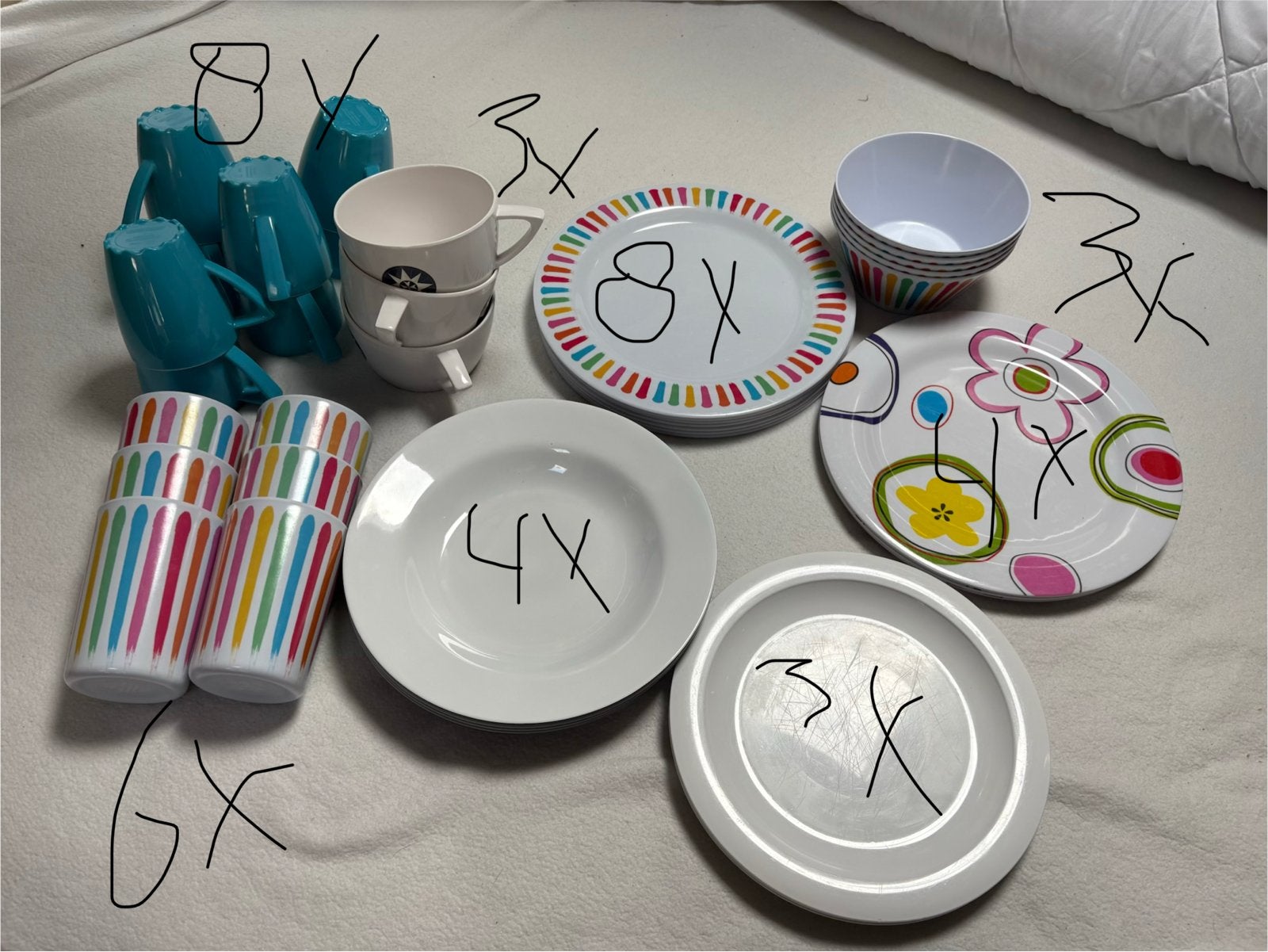 Uitgebreid camping servies - borden, mokken, bekers, schaalt, Ophalen, Gebruikt