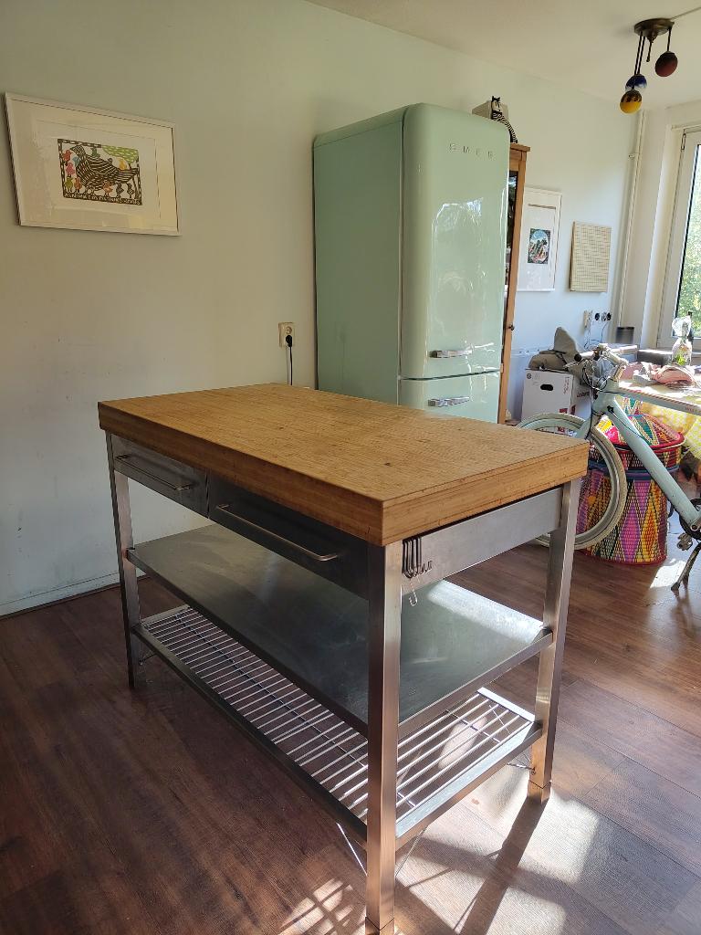 IKEA UDDEN RVS keukeneiland / werktafel met houten blad, Huis en Inrichting, Keuken | Keukenelementen, Ophalen, Gebruikt, Minder dan 100 cm