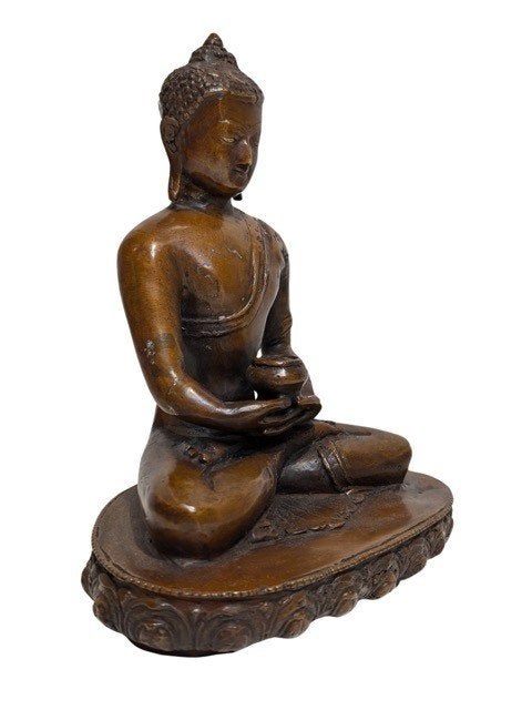 Himalaya bronzen Boeddha met offerkom – 17e eeuw – 019, Gebruikt, Ophalen of Verzenden, 24 cm, Bruin