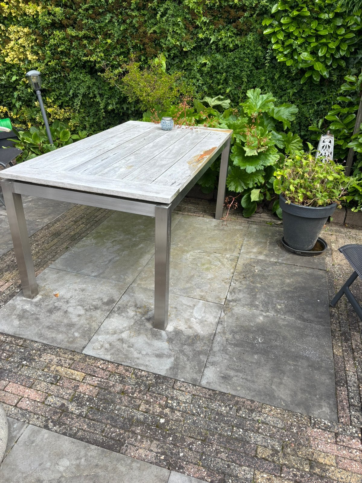 Tuin tafel , rvs ondetstel . Teakhouten blad, Ophalen, Gebruikt, Rechthoekig, Teakhout