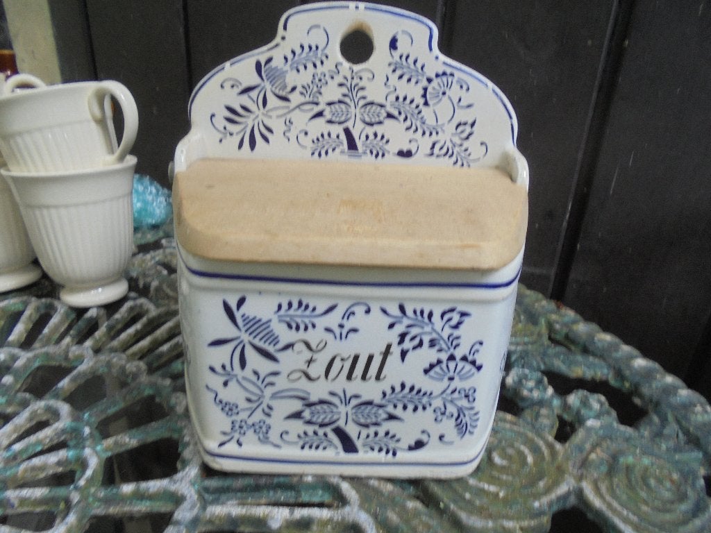 Brocante ZOUT pot met houten deksel met blauw bloem decor, Antiek en Kunst, Ophalen of Verzenden