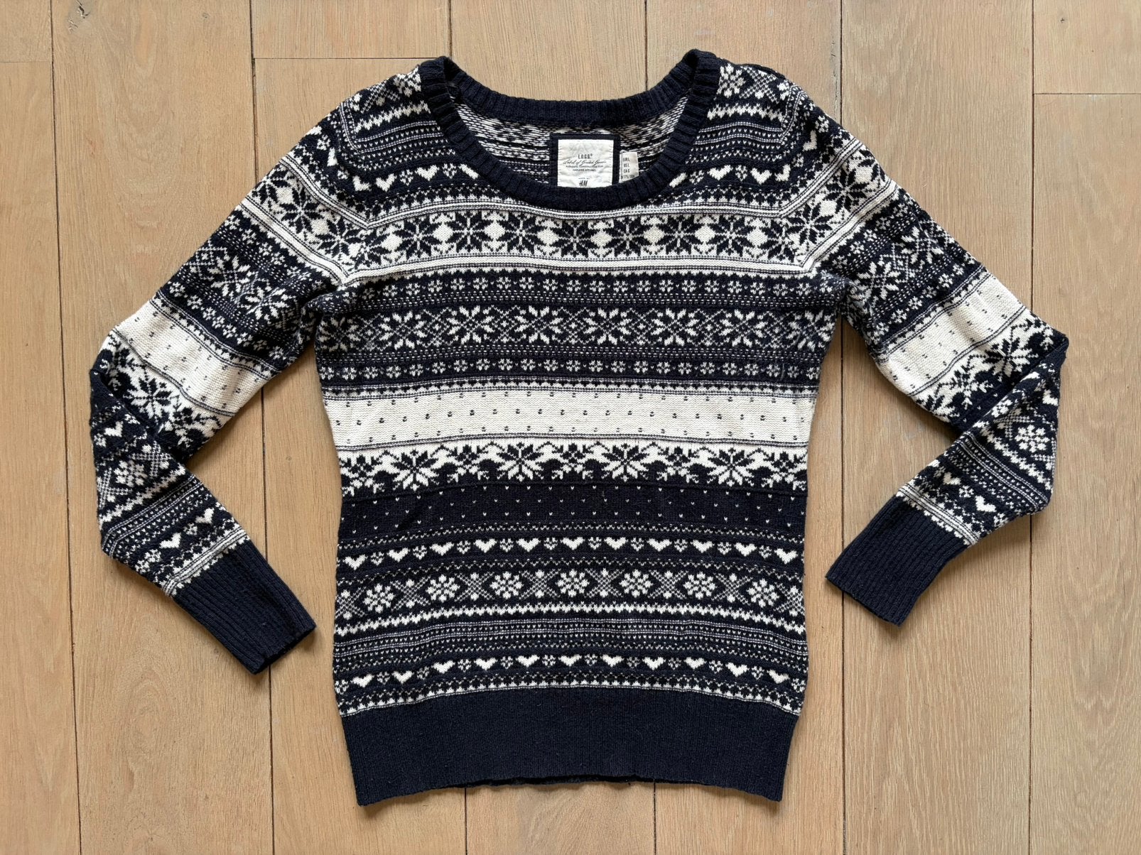 Zeer mooie jacquard gebreide trui H&M logg blauw wit sneeuw, H&M, Blauw, Maat 42/44 (L), Ophalen of Verzenden