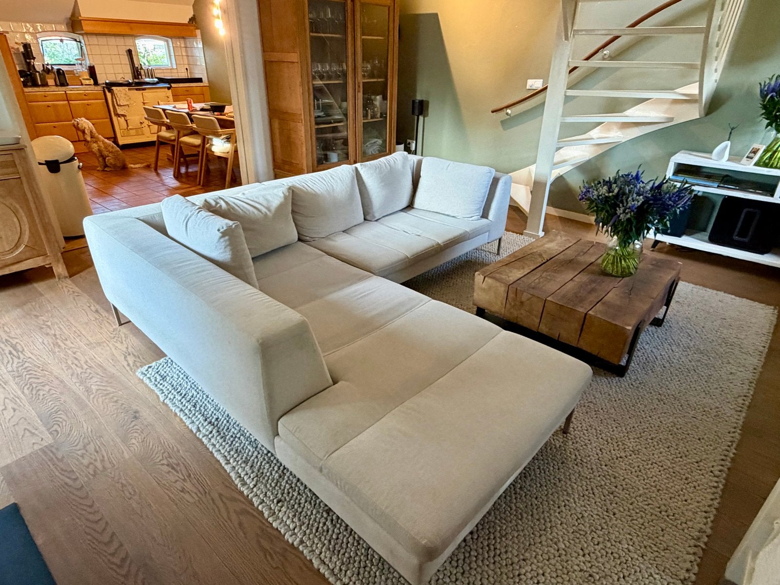 Hoekbank - Beige - breedte van 255 cm, Ophalen, Gebruikt, Stof