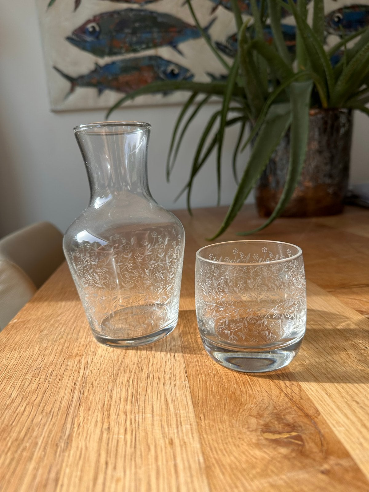 Glazen karaf voor olie en azijn, waterkaraf en olijvenpotje, Ophalen