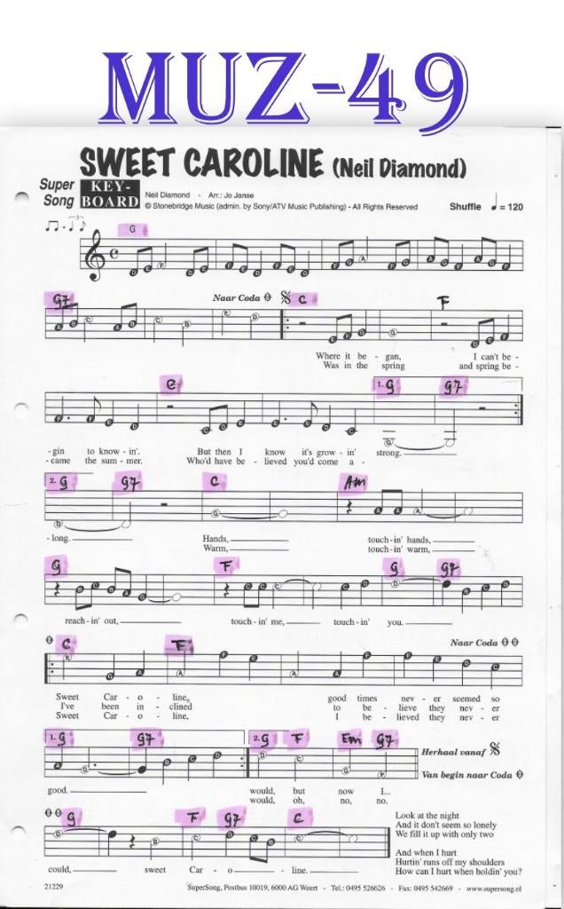 Muz49 bladmuziek super song - Sweet Caroline Neil Diamond, Muziek en Instrumenten, Orgel, Gebruikt, Ophalen of Verzenden, Artiest of Componist