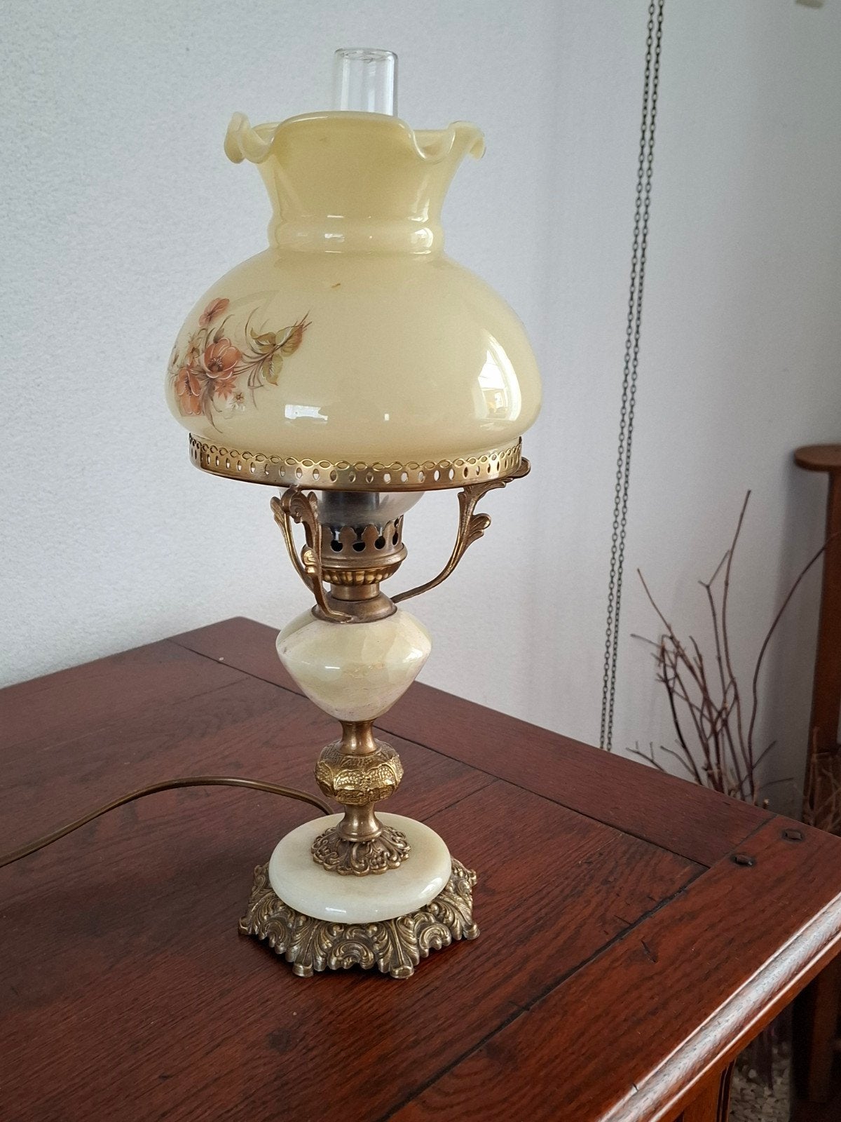 Retro olielamp met bloemmotief, Antiek en Kunst, Antiek | Lampen, Ophalen