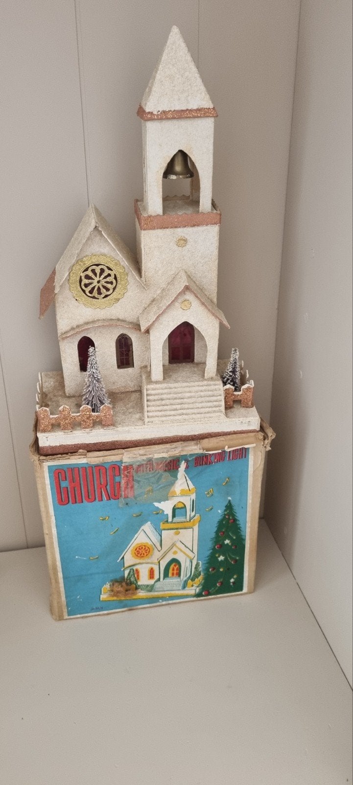 Vintage Putz kerst kerkje karton Japan, Ophalen, Gebruikt