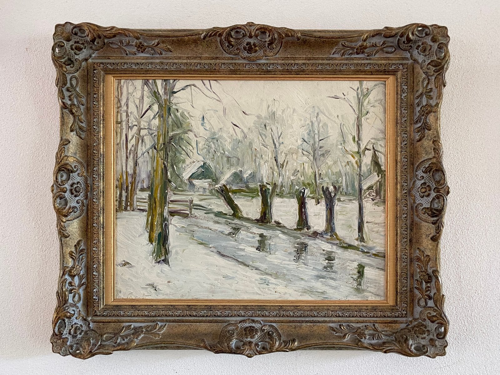Olieverf Schilderij Winterlandschap Hendrik Jan ten Cate, Paneel, Impressionistisch, Ophalen of Verzenden, Landschap