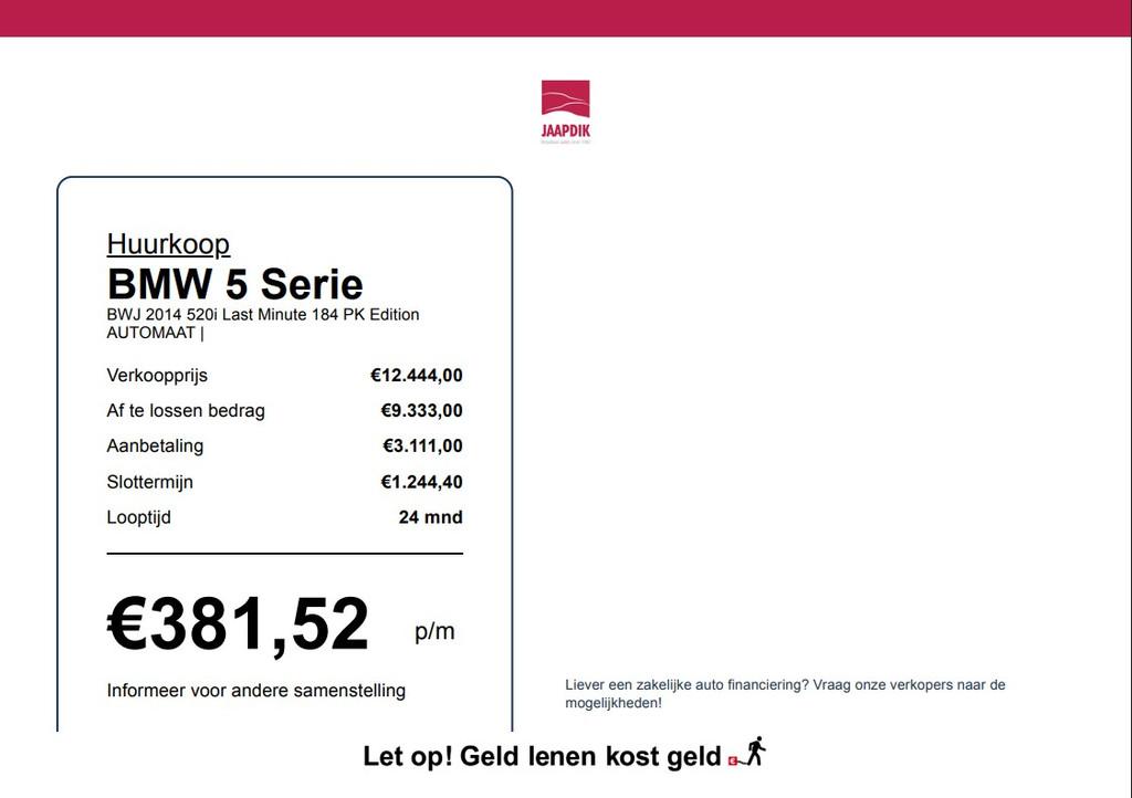 BMW 5 Serie BWJ 2014 520i Last Minute 184 PK Edition AUTOMAA, Auto's, BMW, Automaat, Gebruikt, 4 cilinders, 2000 kg