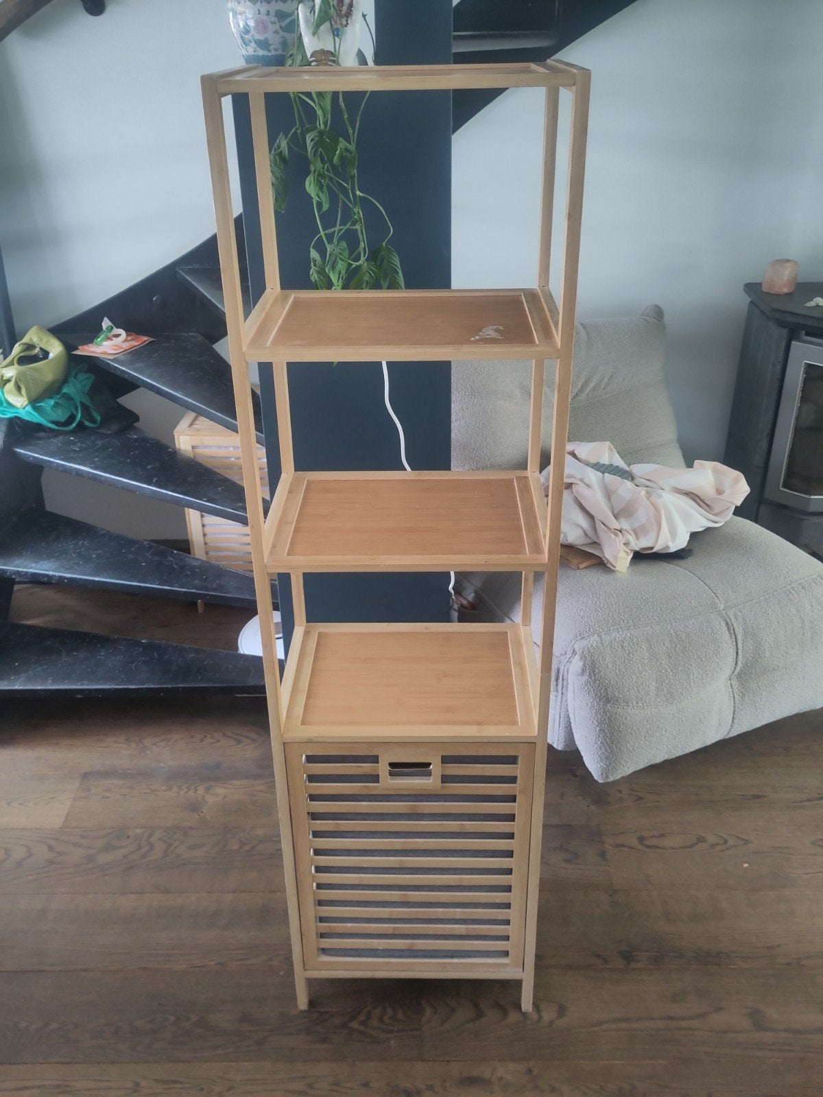 Bamboe badkamerrek met wasmand - 4 planken, Huis en Inrichting, Ophalen of Verzenden