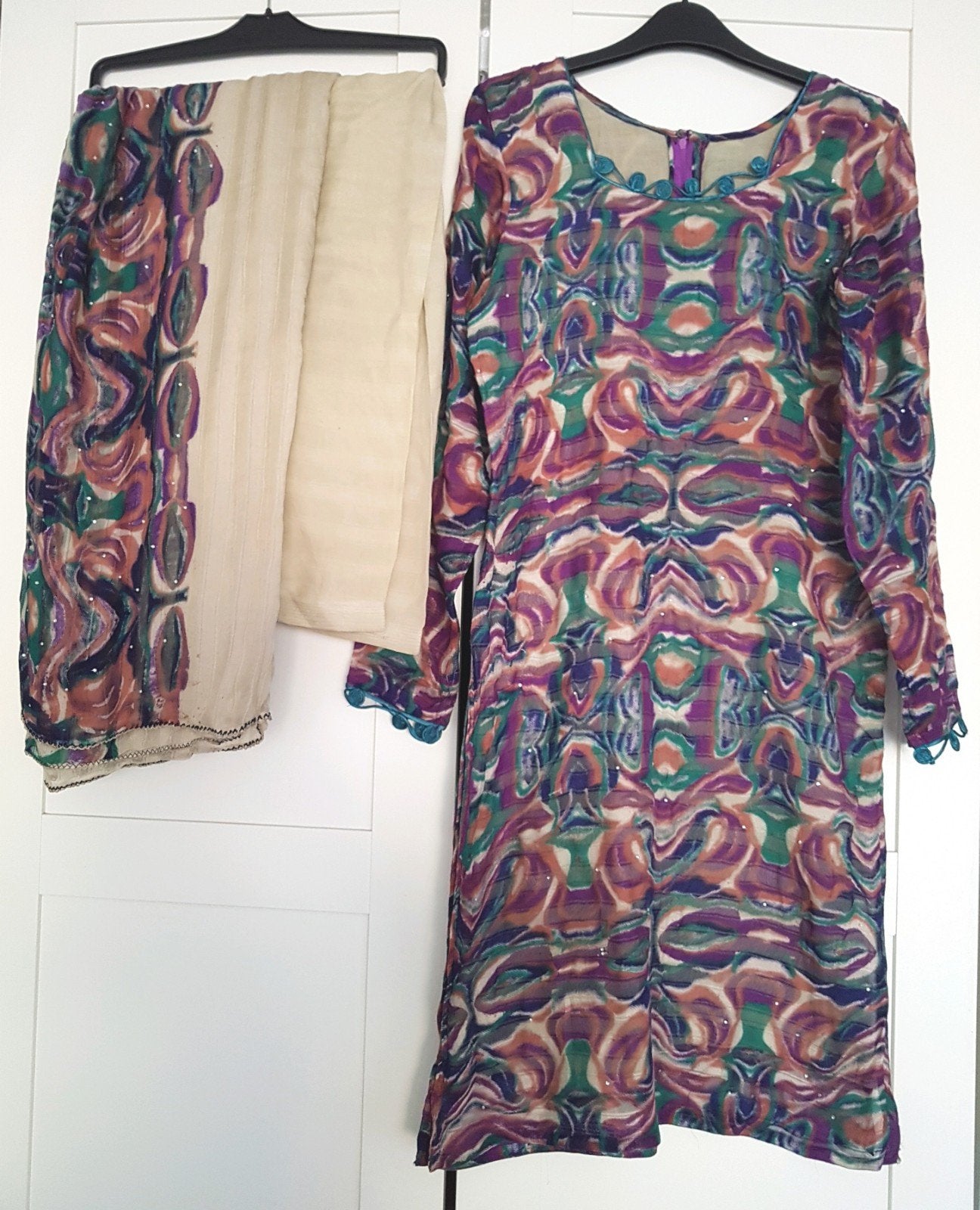 Kleurrijke Indiase Kurta Set met Broek en Sjaal, Kleding | Dames, Overige kleuren, Ophalen of Verzenden, Onbekend, Maat 36 (S)