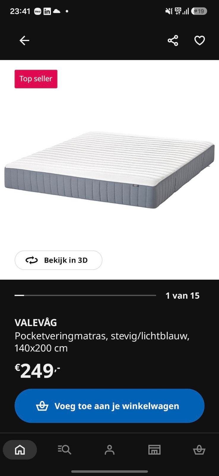 VALEVÅG Pocket middelhard/lichtblauw, 140x200 cm, Huis en Inrichting, Ophalen, Tweepersoons, 140 cm, Zo goed als nieuw