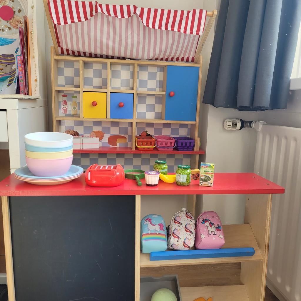 Houten speelgoedwinkeltje met mini boodschappen, Kinderen en Baby's, Ophalen, Gebruikt, Jongen of Meisje