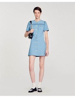 Sandro Tweed Jurk met Gouden Knoopjes S/XS, Kleding | Dames, Jurken, Blauw, Sandro, Ophalen of Verzenden, Zo goed als nieuw