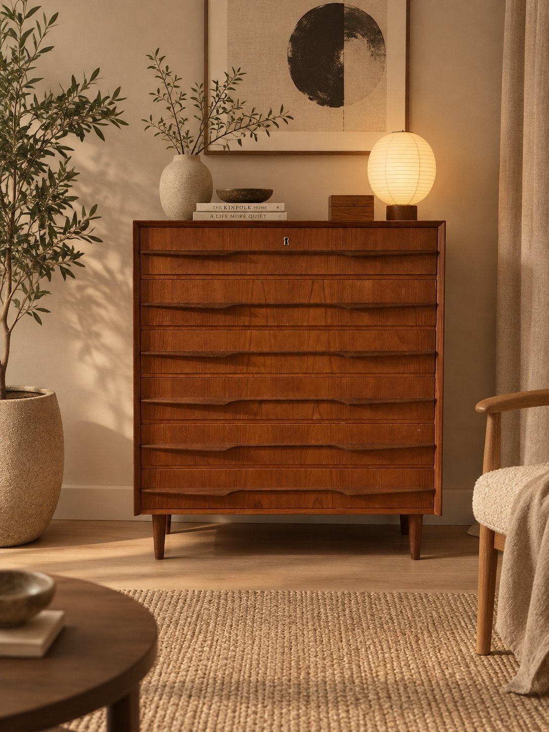 Deense midcentury vintage ladekast in teak, ...., 5 laden of meer, 100 tot 150 cm, Teakhout