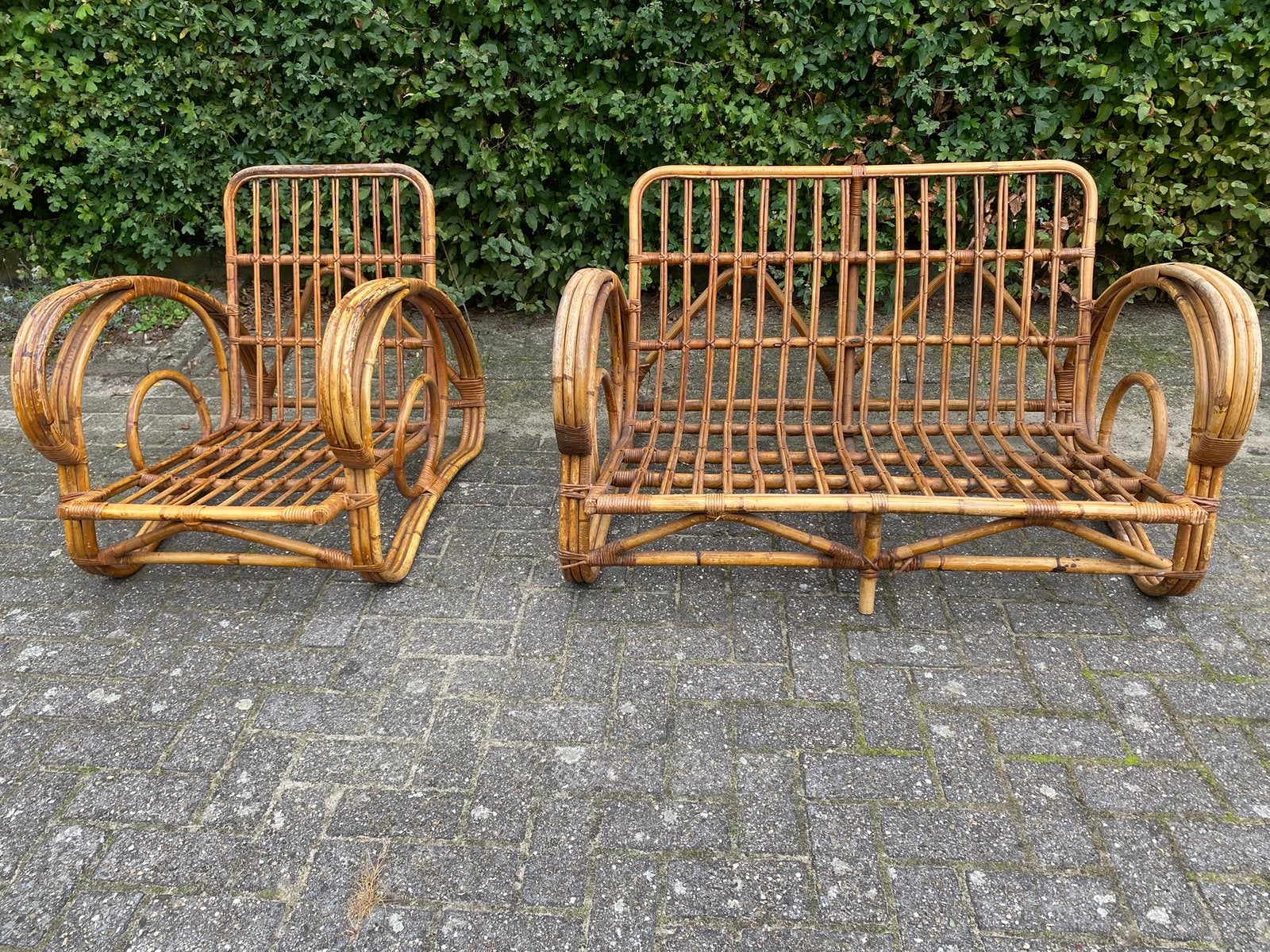 Authentieke rotan bankje en fauteuil, Ophalen