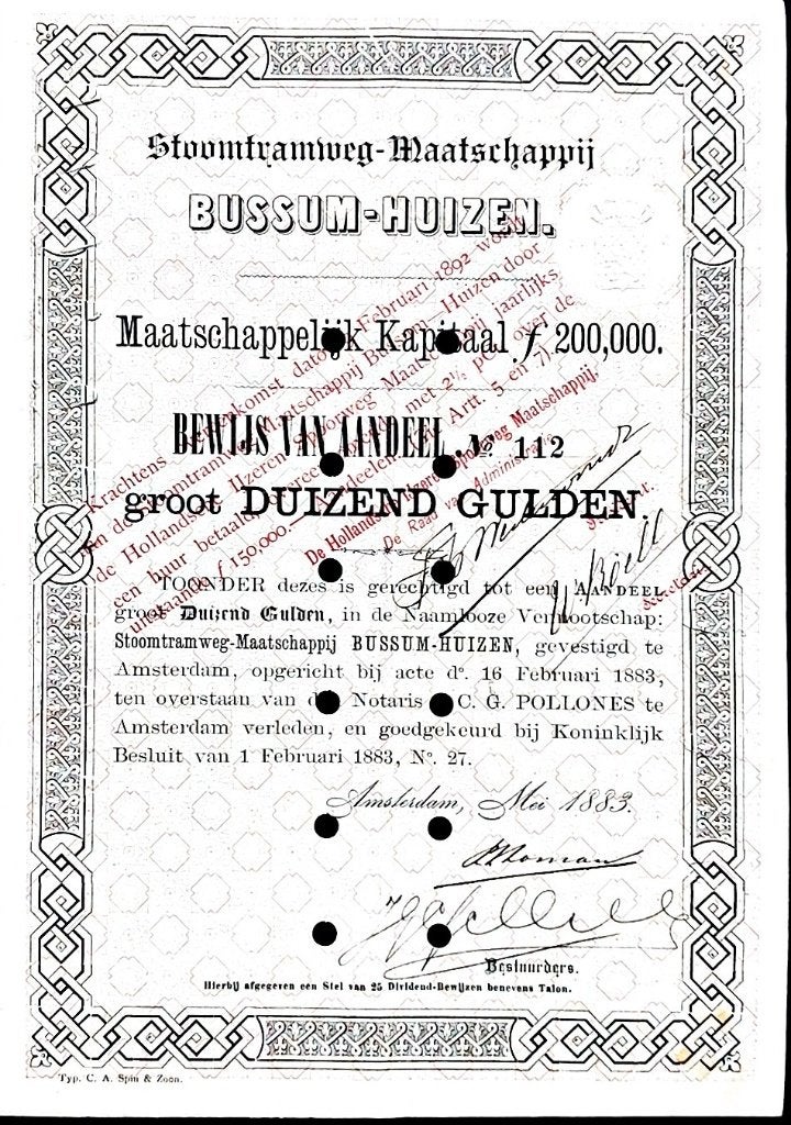 Stoomtramweg-maatschappij Bussum-Huizen aandeel, Ophalen of Verzenden, Voor 1920, Aandeel