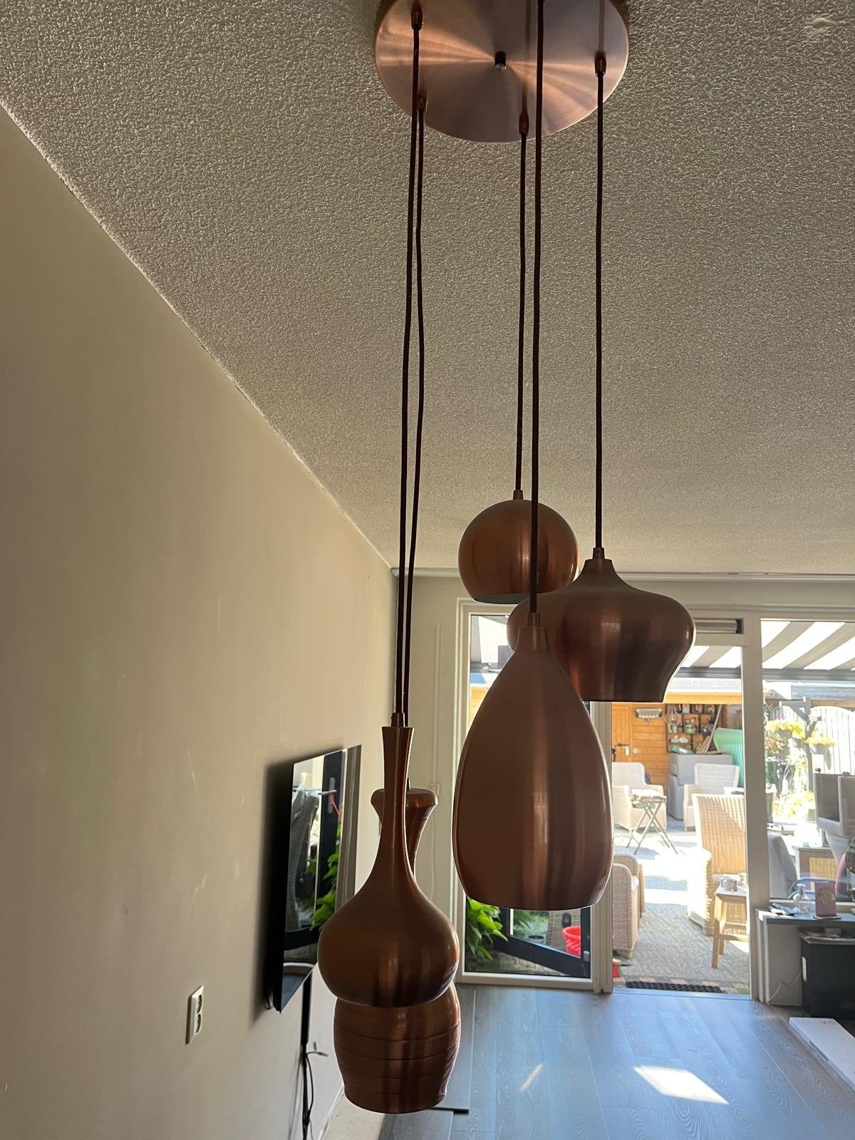Koperen hanglamp met 5 verschillende kappen, Ophalen, Gebruikt, ., Overige fittingen