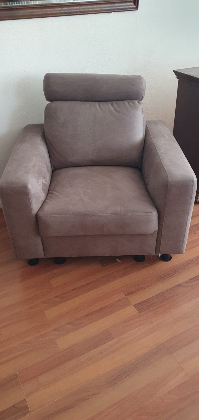 Comfortabele 2-zitsbank en fauteuil - Taupe, Huis en Inrichting, Fauteuils, Ophalen, Modern, Comfortabel, Gebruikt, Stof
