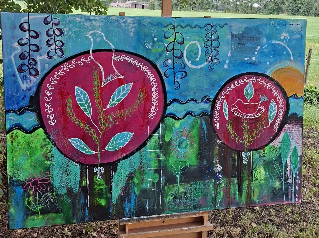 Opruiming atelier kleurrijk schilderij 150 x 100 op linnen, Ophalen, Gesigneerd, Acrylverf, Abstract