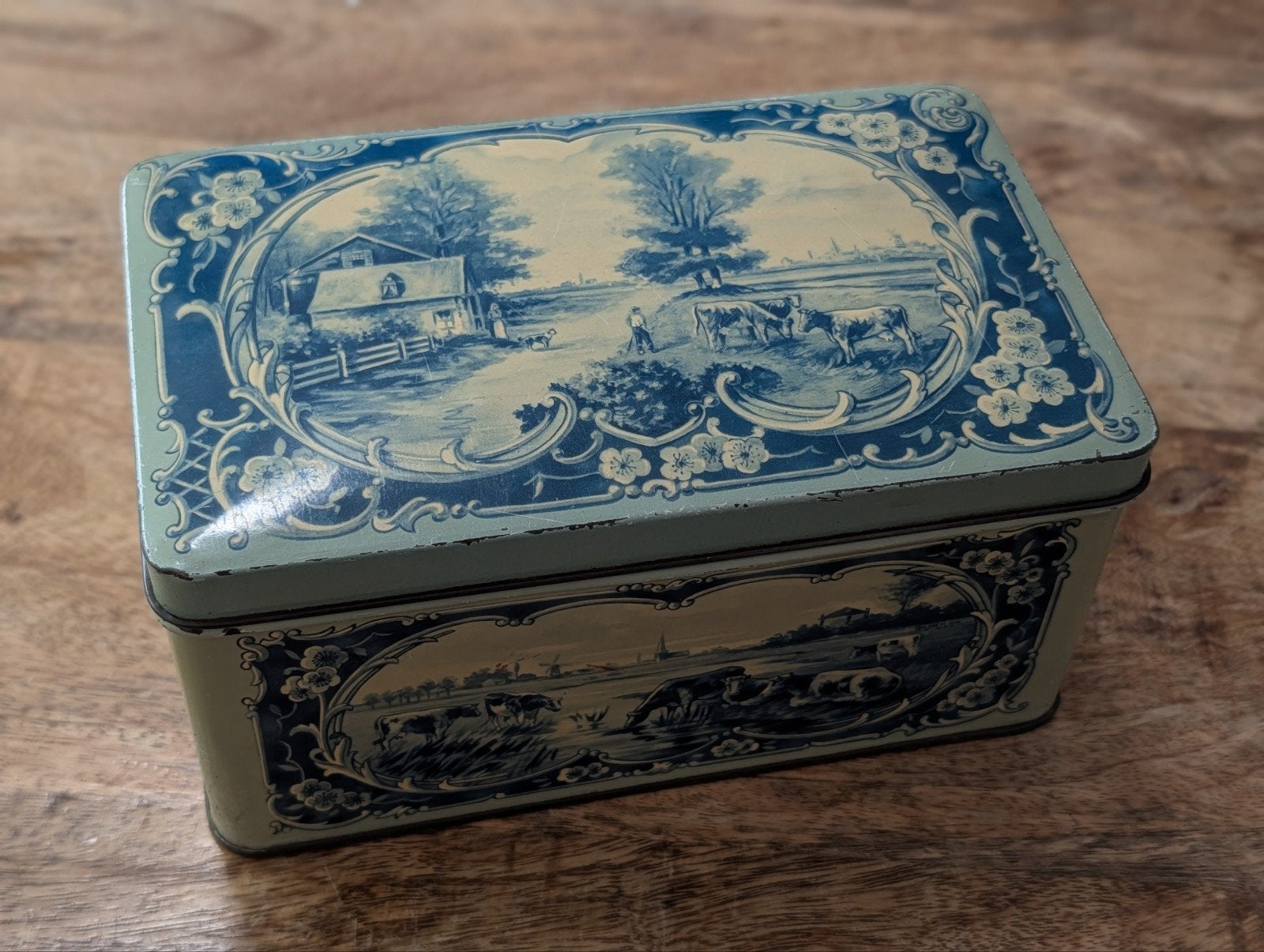 Vintage Delfts Blauw koekblik met Hollands landschap, Verzamelen, Ophalen of Verzenden