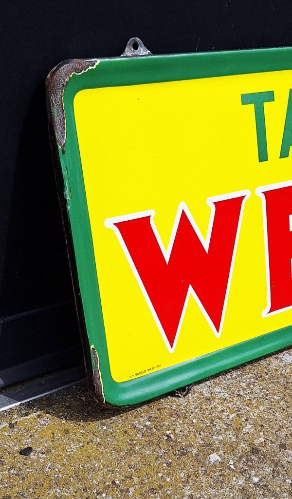 Groot horizontaal emaille reclamebord van Tabac Welta., Verzamelen, Merken en Reclamevoorwerpen, Ophalen, Reclamebord, Gebruikt
