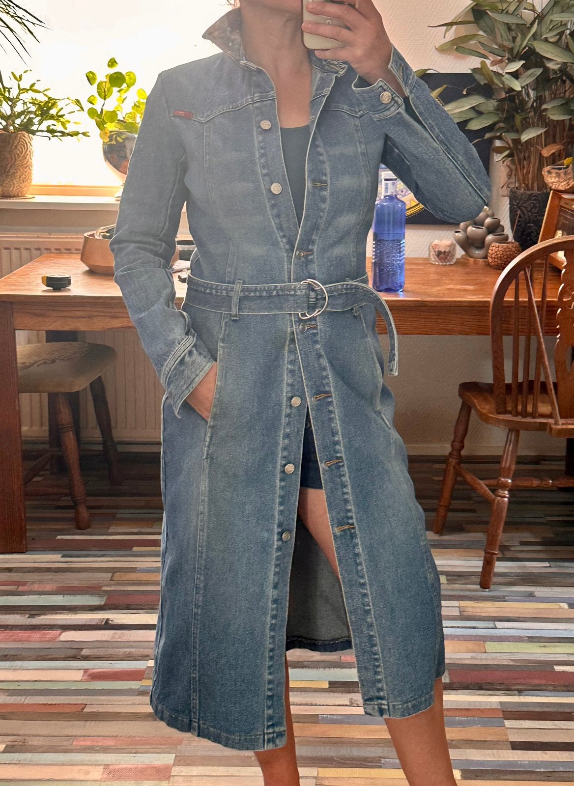 ONLY True Vintage 100% Cotton Denim Maxi Coat Belted Size S, Kleding | Dames, Jassen | Zomer, Ophalen of Verzenden, Zo goed als nieuw