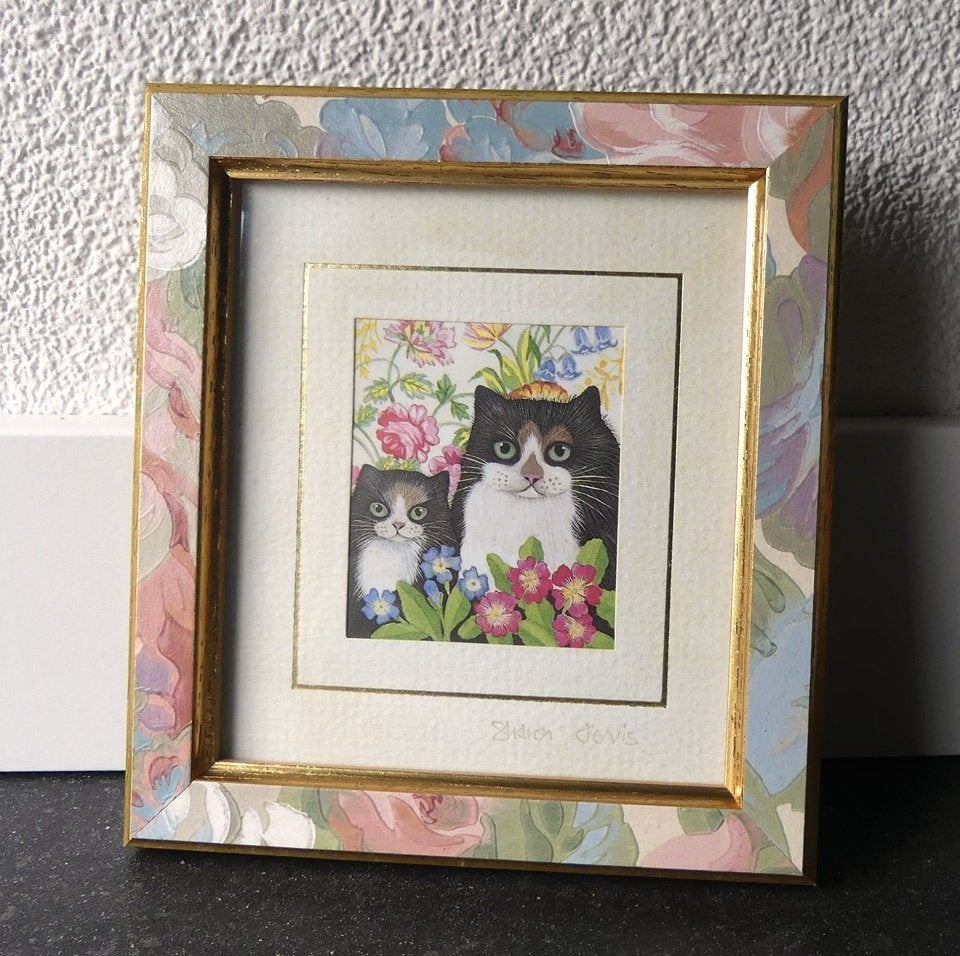 Sharon Jervis prentje schilderijtje poezen lapjeskatten, 15 cm, Schilderij, Vintage, Ophalen of Verzenden