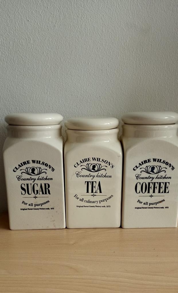 Claire Wilson's voorraadpotten suiker, thee, koffie, Ophalen