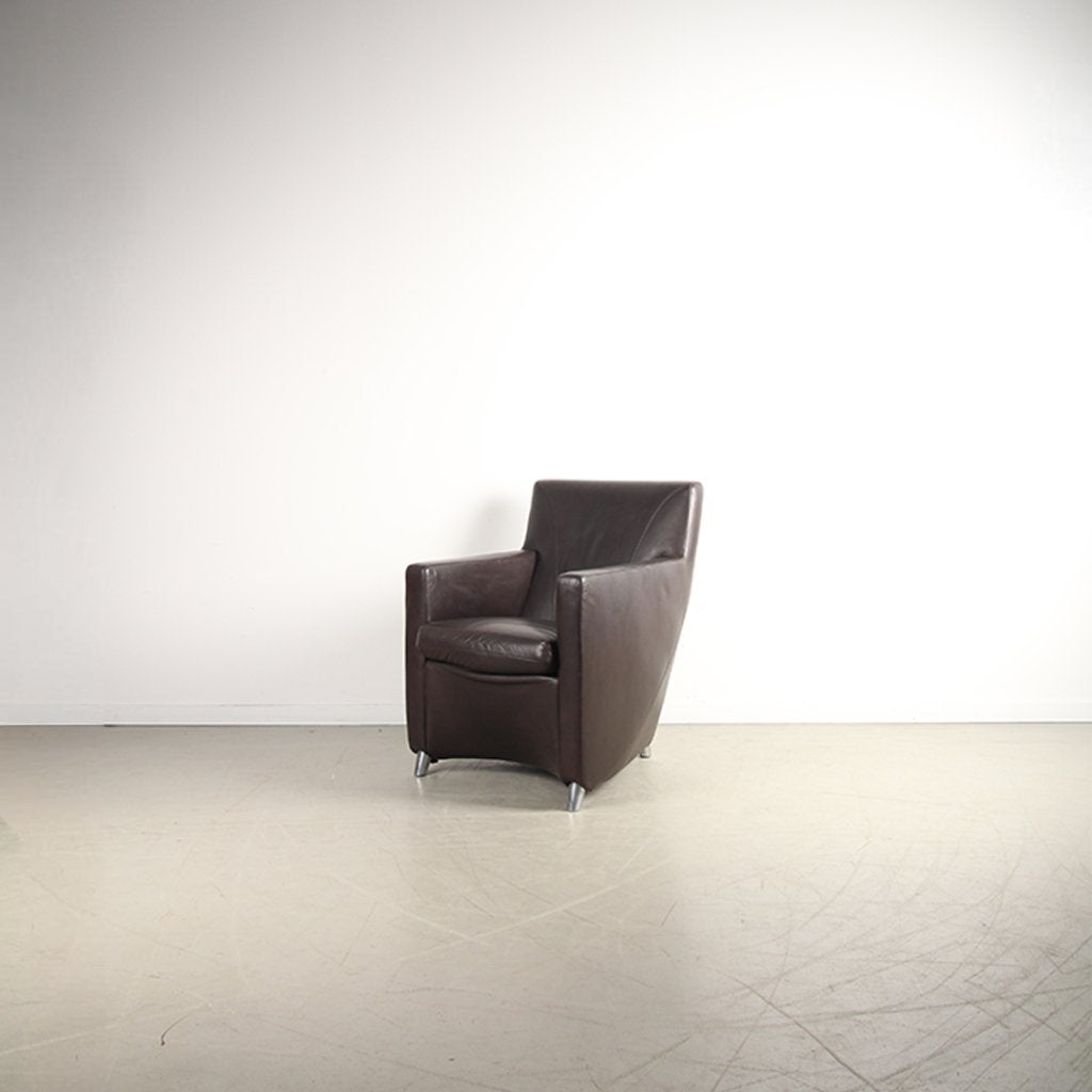 2x Leolux Dolcinea Fauteuil Bruin Leer – Aluminium, Huis en Inrichting, Fauteuils, Niet ingevuld, Gebruikt, Minder dan 75 cm, Niet ingevuld