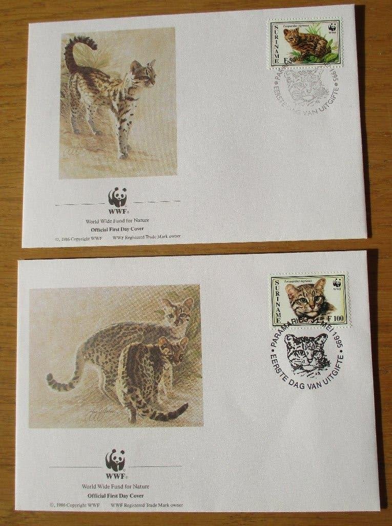 Suriname, WWF serie FDC's Jaguarundi en Tijgerkat, 1995, Verzenden, Gestempeld, Dier of Natuur