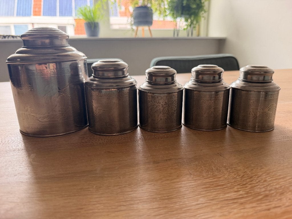 Leuke theeblikjes voor losse thee met versiering, 3 maten, Ophalen, Gebruikt, Zilver, Theedoos