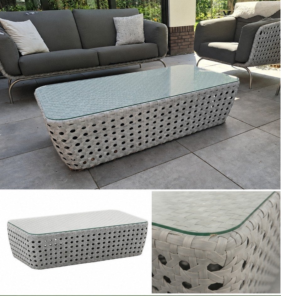 Luxe 4 Seasons Outdoor 4SO Wicker Salontafel met Glasplaat, Tuin en Terras, Tuintafels, Ophalen, Zo goed als nieuw, Rechthoekig