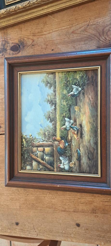 Oud schilderij met kippen en kuikens in landschap, Ophalen of Verzenden