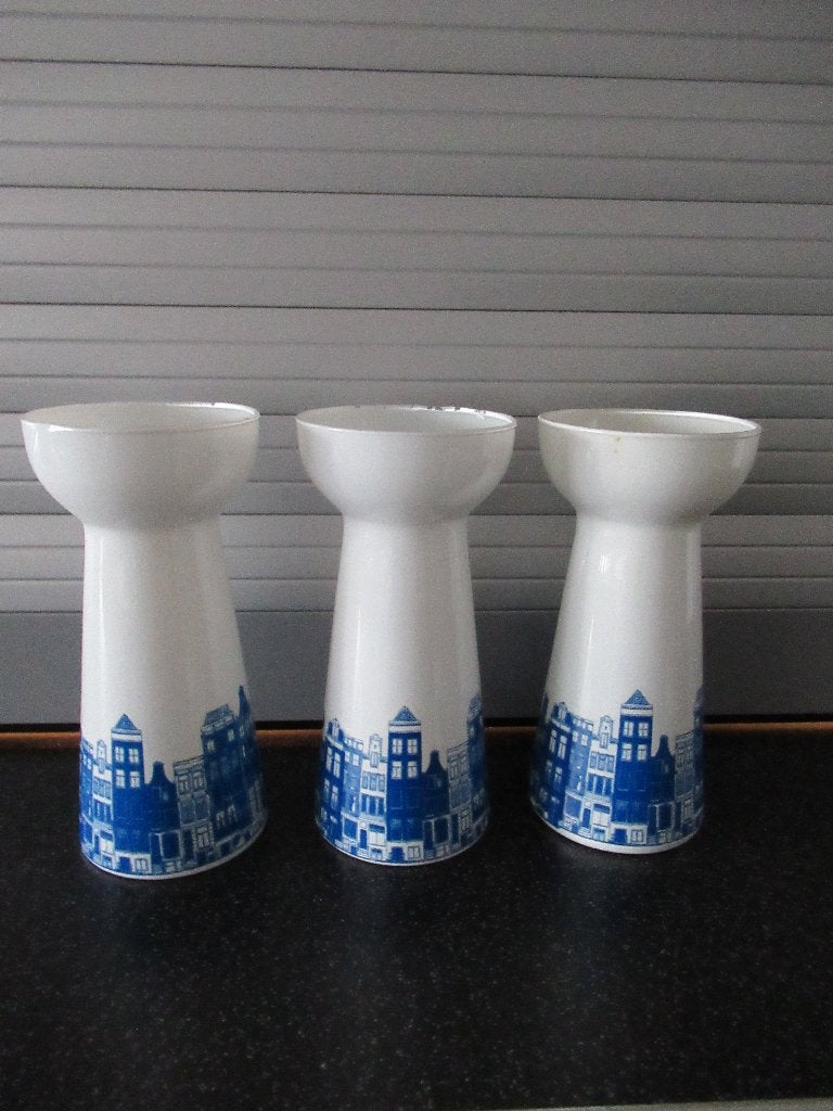 3 dezelfde vaasjes met grachtenpandjes, Huis en Inrichting, Ophalen of Verzenden, Gebruikt, Blauw, Glas