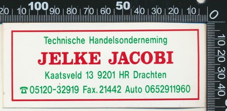 Sticker: Jelke Jacobi Handelsonderneming - Drachten, Verzamelen, Stickers, Zo goed als nieuw, Bedrijf of Vereniging, Ophalen of Verzenden