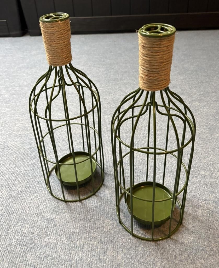 Kandelaars GROENE METALEN FLESSEN, 25 tot 50 cm, Ophalen of Verzenden, Zo goed als nieuw, Metaal