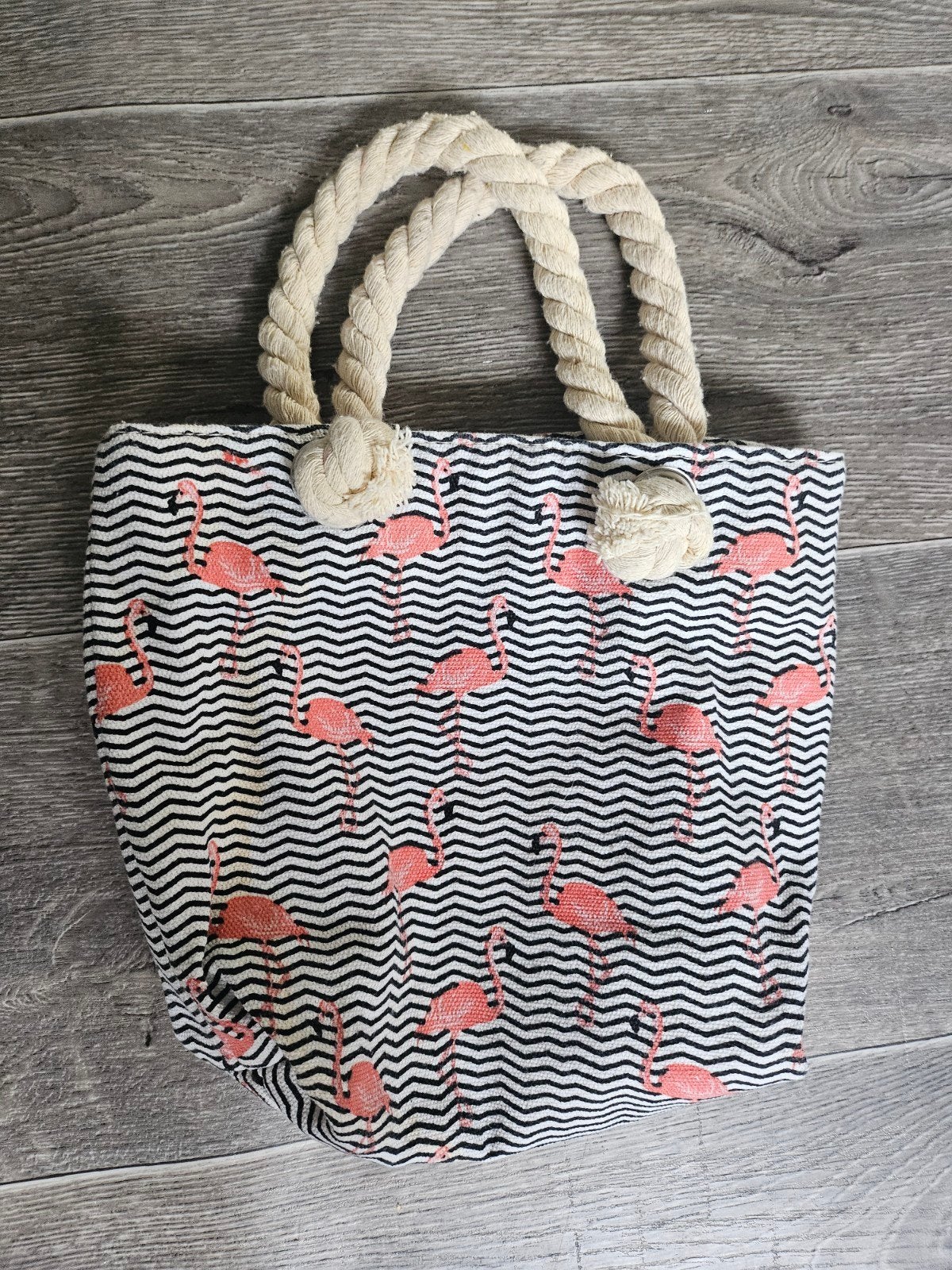 Leuke tas met flamingo print en touw handvatten, Sieraden, Tassen en Uiterlijk, Tassen | Damestassen, Ophalen of Verzenden