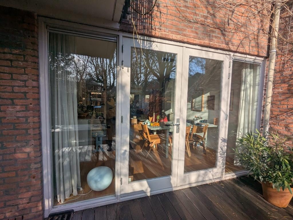 2 Grote Meranti hardhouten kozijn/deur elementen HR++, Ophalen, Gevelraam of Ruit, Gebruikt, 160 cm of meer