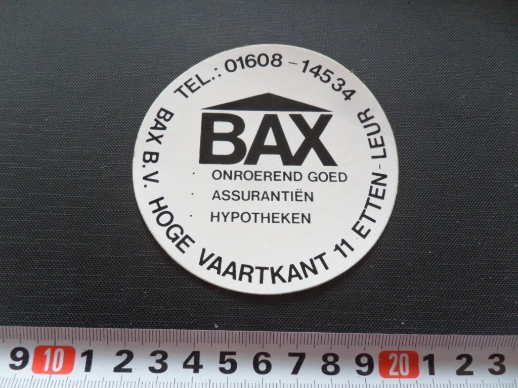sticker etten-leur BAX onroerend goed assurantiën hypotheken, Verzamelen, Ophalen, Zo goed als nieuw