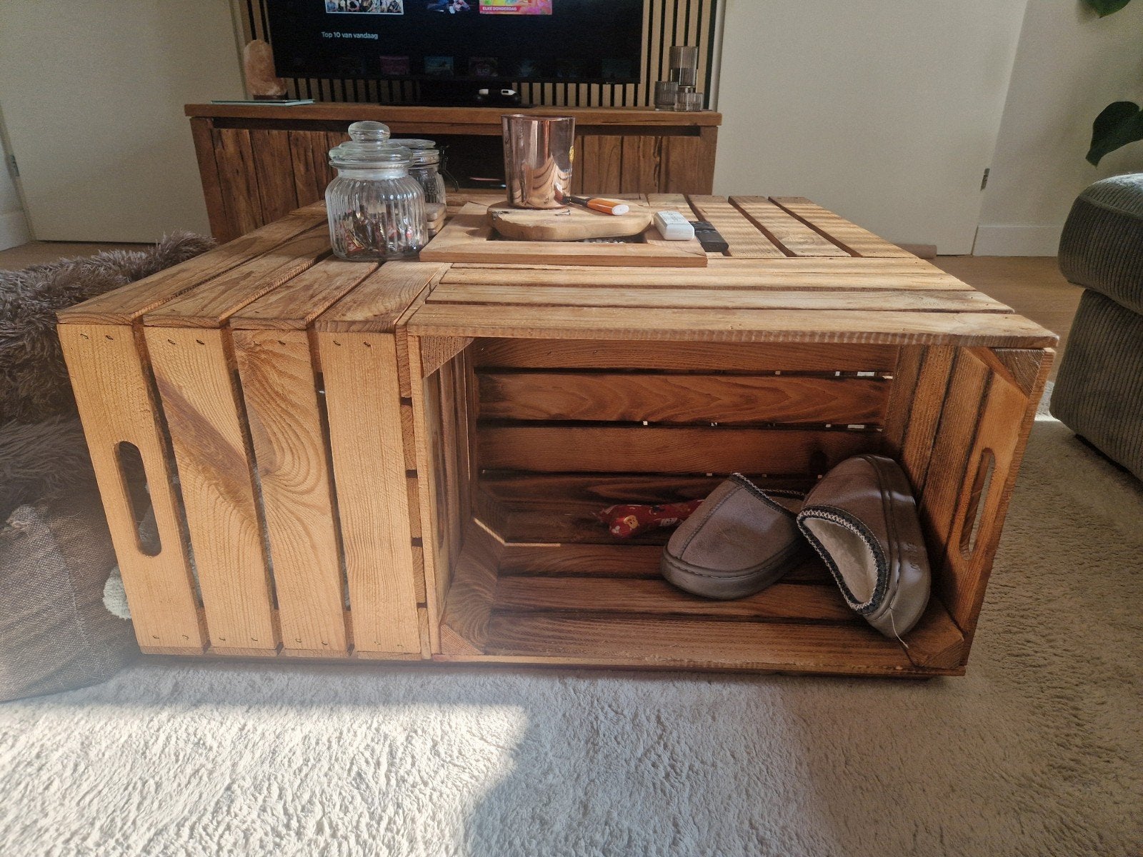 Salontafel van houten kratten - 84x84 cm, Ophalen, Gebruikt, 50 tot 100 cm, Industrieel, Landelijk