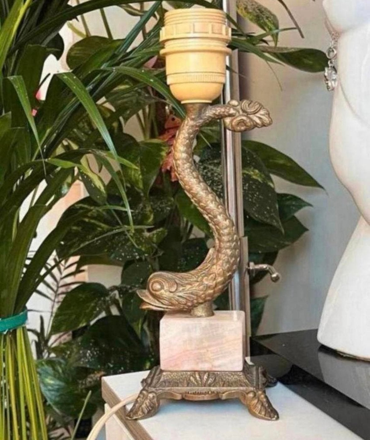 bronzen vislamp met onyx voet (1950-1970), Ophalen of Verzenden, Zo goed als nieuw, Met schakelaar, Vintage
