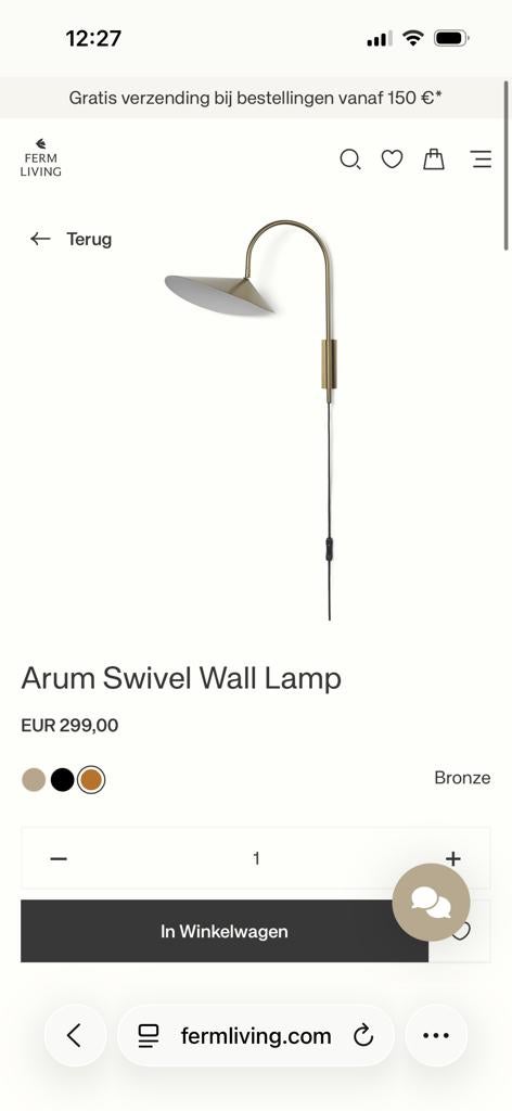 2x Ferm Living Arum Swivel Wandlampen - Brons (Nieuw), Ophalen of Verzenden, Nieuw, Metaal