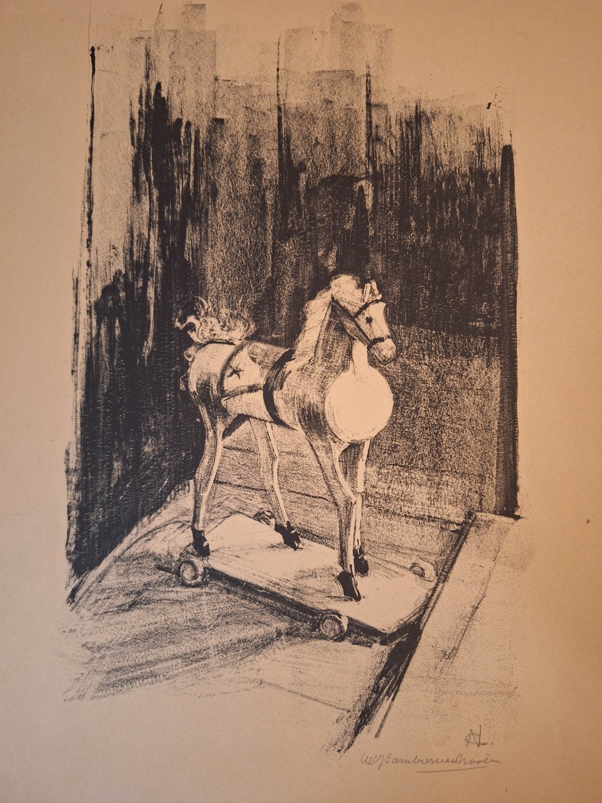 Vintage Lithografie Speelgoed Paard - Kunstprint, Antiek en Kunst, Ophalen of Verzenden