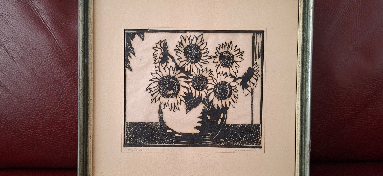 Houtsnede Zonnebloemen - Jan van Schaik - Eigen Druk, Antiek en Kunst, Ophalen of Verzenden