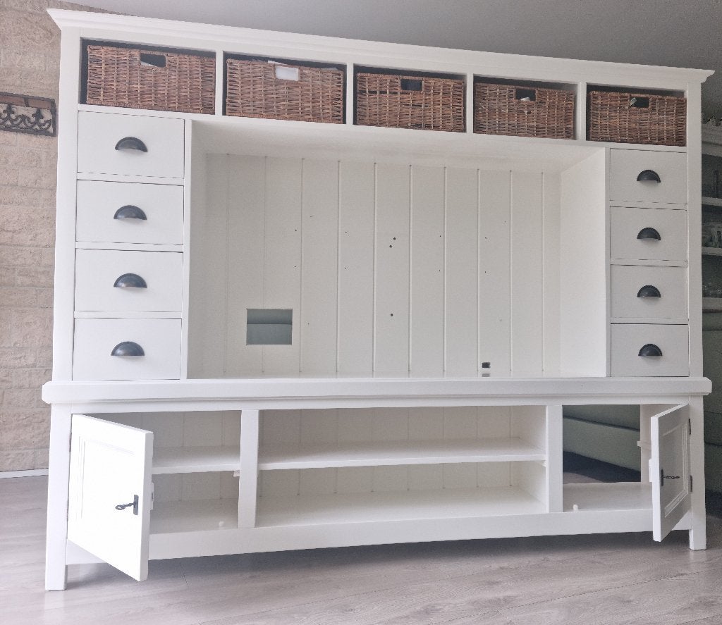 Mooie Stevige witte TV kast met rieten manden, Ophalen, 150 tot 200 cm, 150 tot 200 cm, 25 tot 50 cm